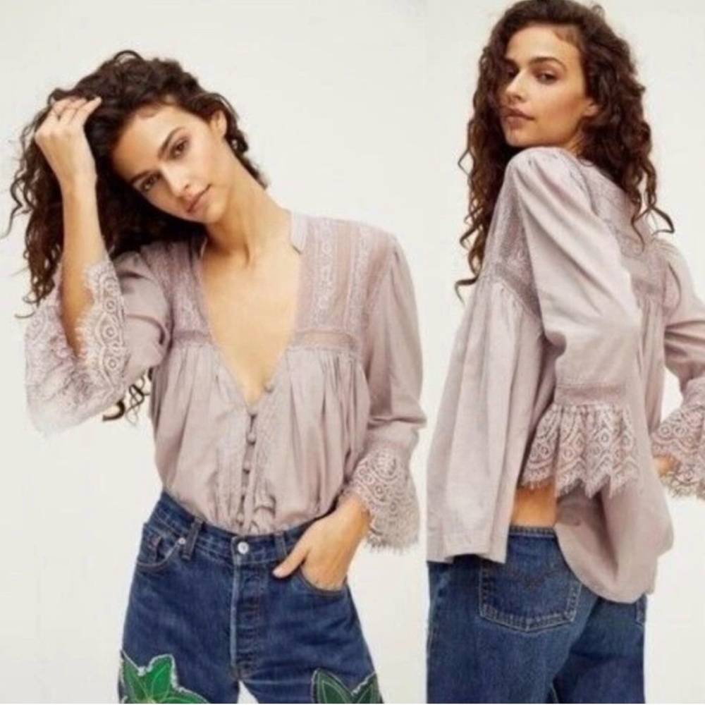 Free People Esme Lace Trim Blouse muted dusty mauve pink EUC medium - Picture 3 of 12